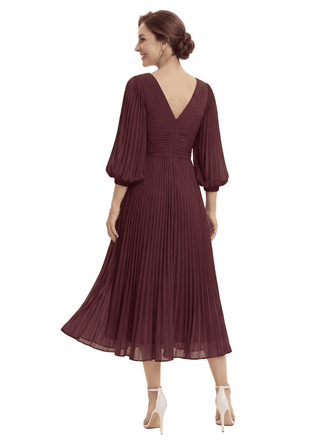 Trendy Pleated Chiffon Midi Long Sleeves V-Neck Mother Of The Bride Dresses