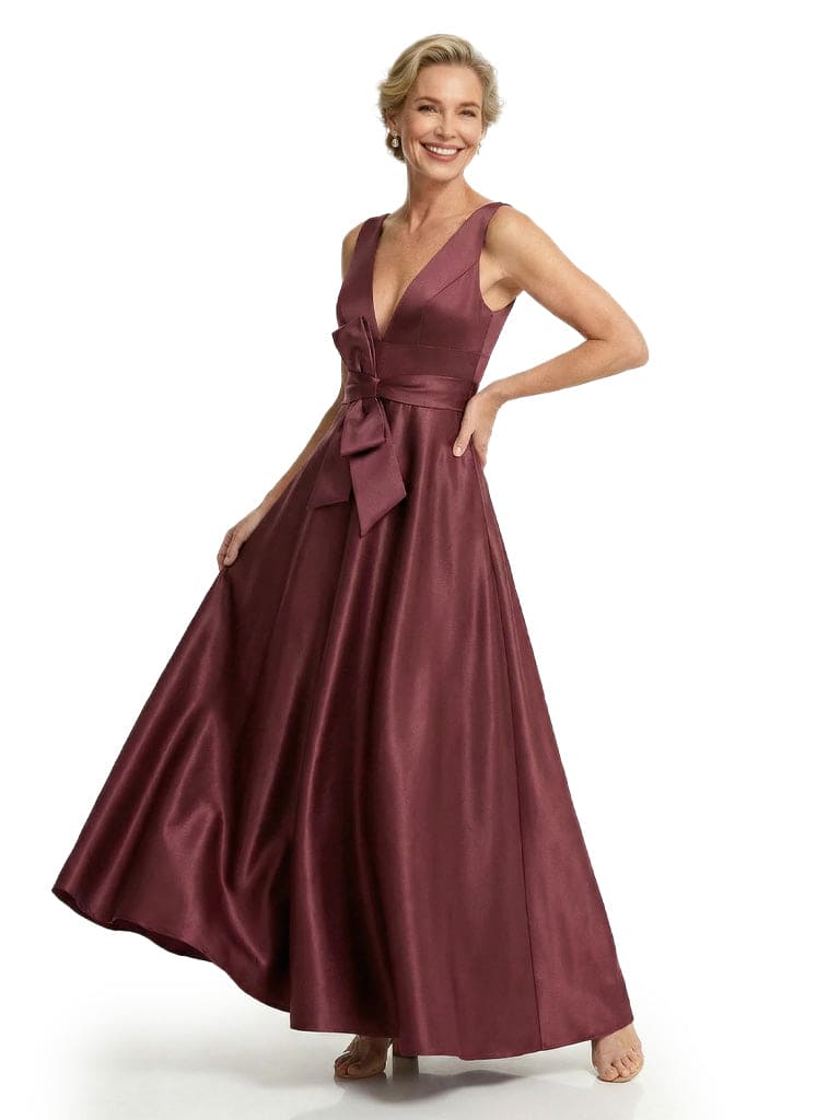 Elegant V-Neck A-Line Silky Satin Sleeveless Mother Of The Bride Gown With Bow Knot