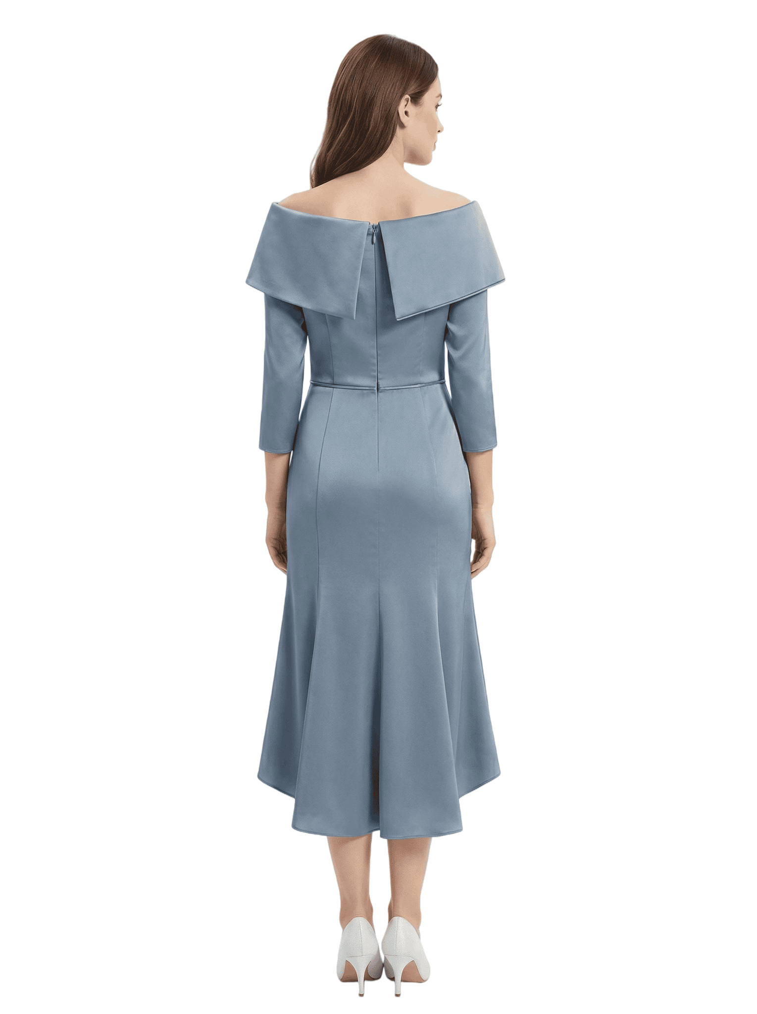 Classy Off Shoulder Satin Mother of The Groom Dress Tea-Length With Sleeves for Special Events