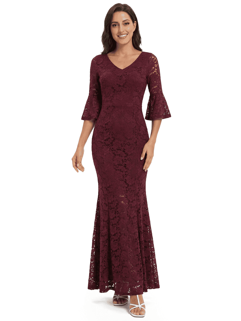 Classy V-Neck Lace Mermaid Maxi Mother Of The Groom Dress With Half Sleeves