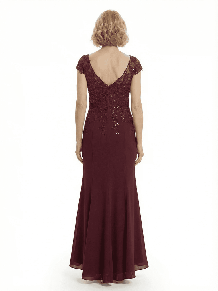 Modern Cap Sleeves Chiffon V-Neck Lace Evening Gown For Mother Of The Bride