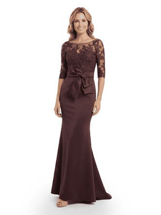 Elegant Mermaid Illusion Half Sleeves Lace Top Satin Mother Of The Bride Gown With Bow Knot