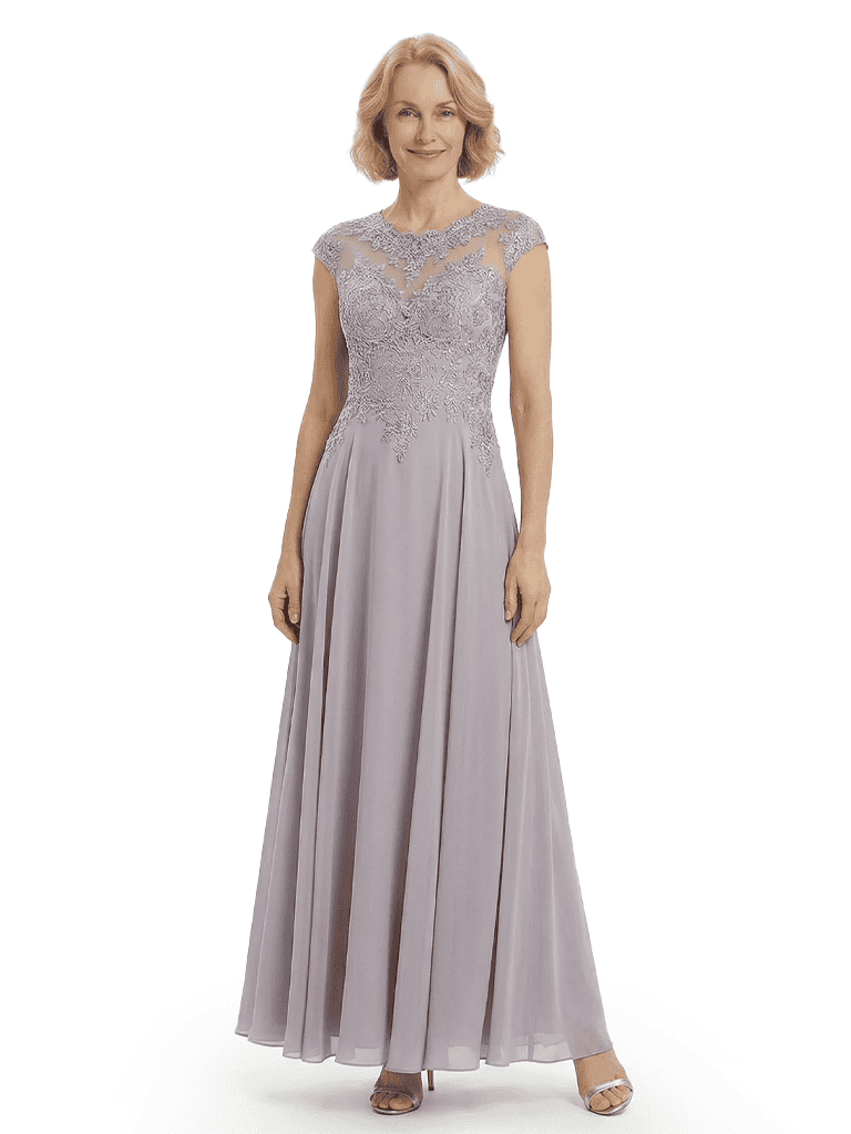 Chicsew Elegant Lace Top Cap Sleeves Ruched A-Line Chiffon Mother of The Bride Gown