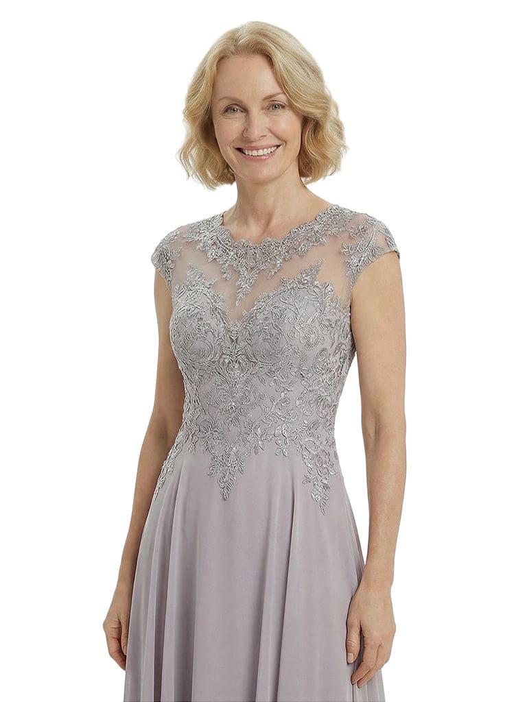 Chicsew Elegant Lace Top Cap Sleeves Ruched A-Line Chiffon Mother of The Bride Gown