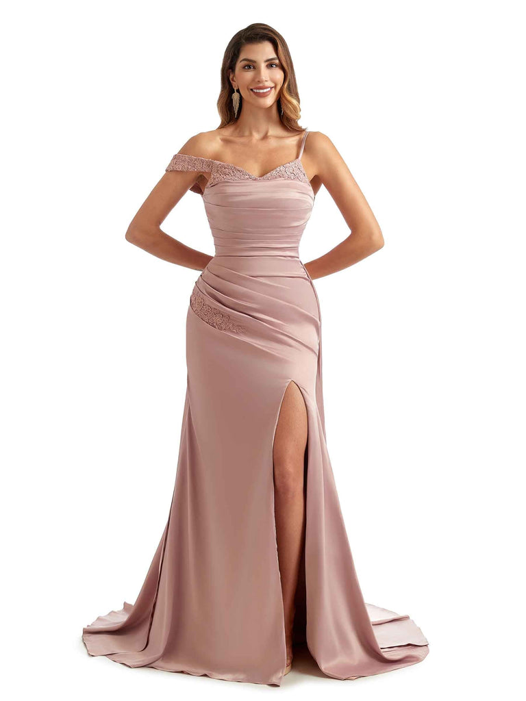 Sexy Side Split Asymmetric Long Satin Lace Chic Bridesmaid Dresses Styles