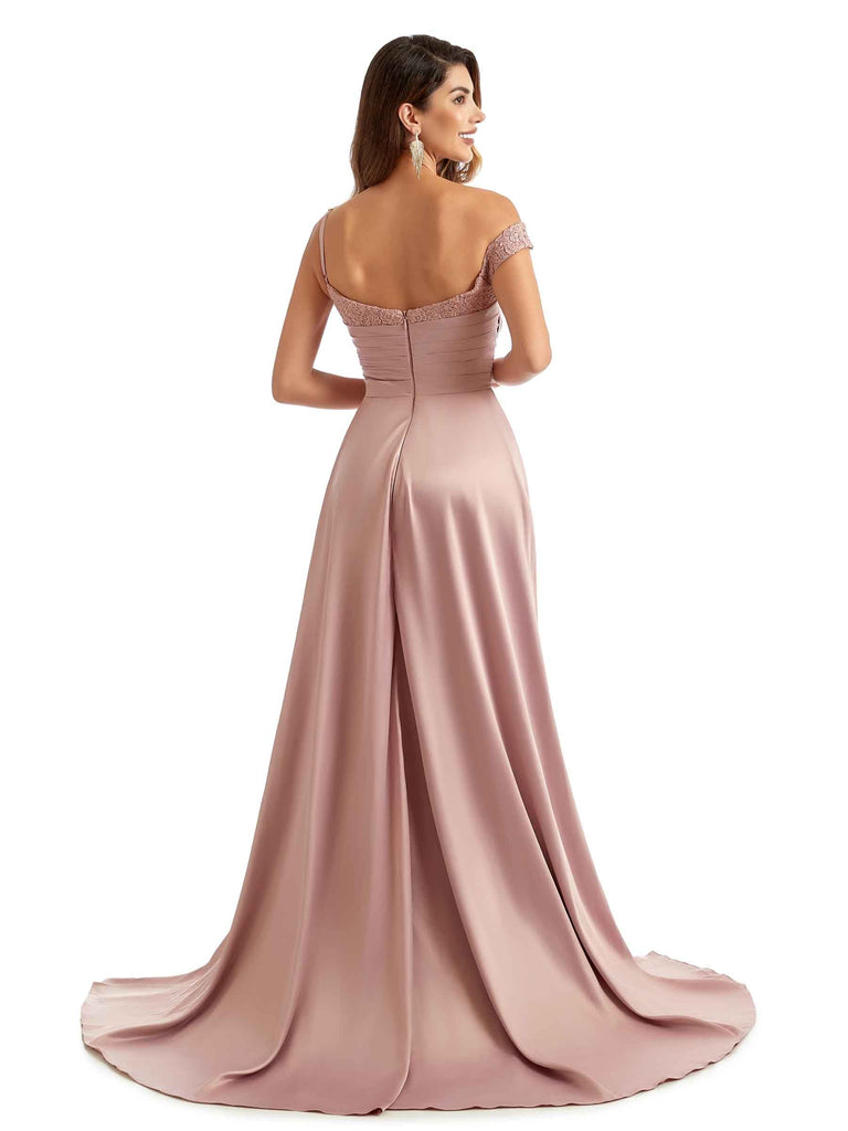 Sexy Side Split Asymmetric Long Satin Lace Chic Bridesmaid Dresses Styles