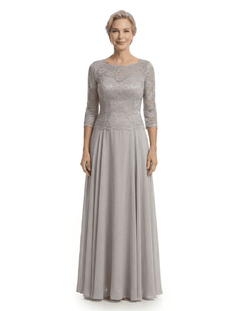 Chicsew Elegant Lace Appliques Top 3/4 Sleeves A-Line Chiffon Mother of The Bride Gown