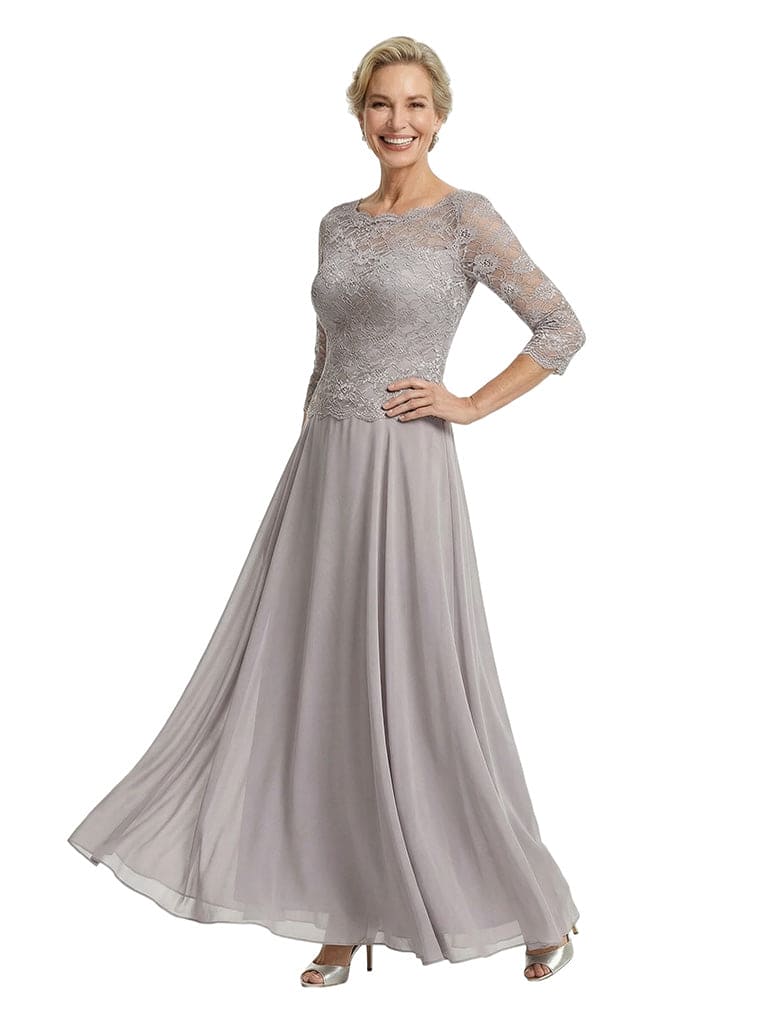Chicsew Elegant Lace Appliques Top 3/4 Sleeves A-Line Chiffon Mother of The Bride Gown