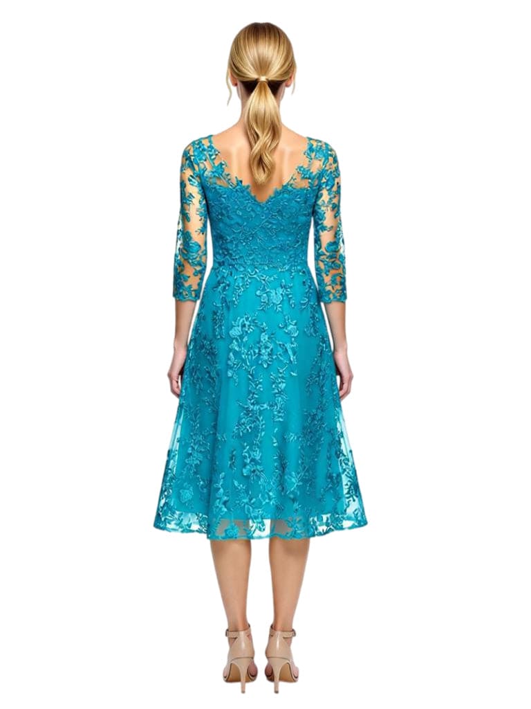 Chicsew Elegant V-Neck 3/4 Lace Sleeves Knee-Length A-Line Chiffon Mother of The Bride Dress