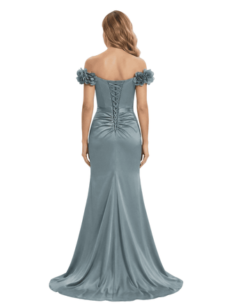 Fancy Off Shoulder Satin Mother of The Groom Dress Floor-Length 3D Flower