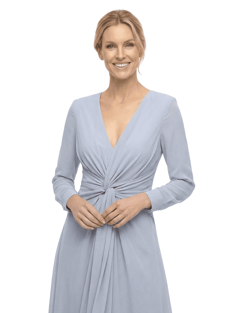 Chicsew Modern V-Neck Tea-Length Long Sleeves Ruched A-Line Chiffon Mother Of The Bride Dresses
