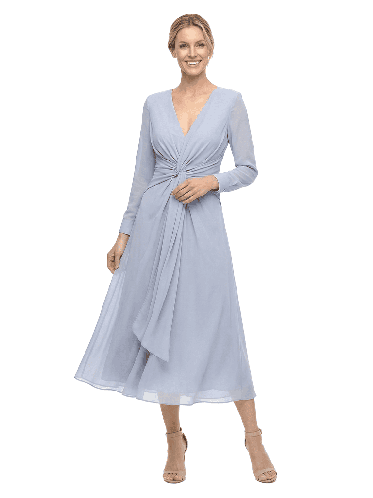 Chicsew Modern V-Neck Tea-Length Long Sleeves Ruched A-Line Chiffon Mother Of The Bride Dresses