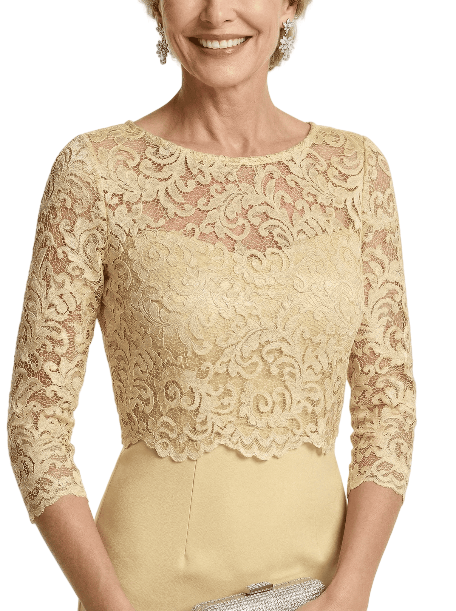 Chicsew Lace Top Long Sleeves Knee-Length Satin Sheath Mother Of The Groom Dresses For Wedding