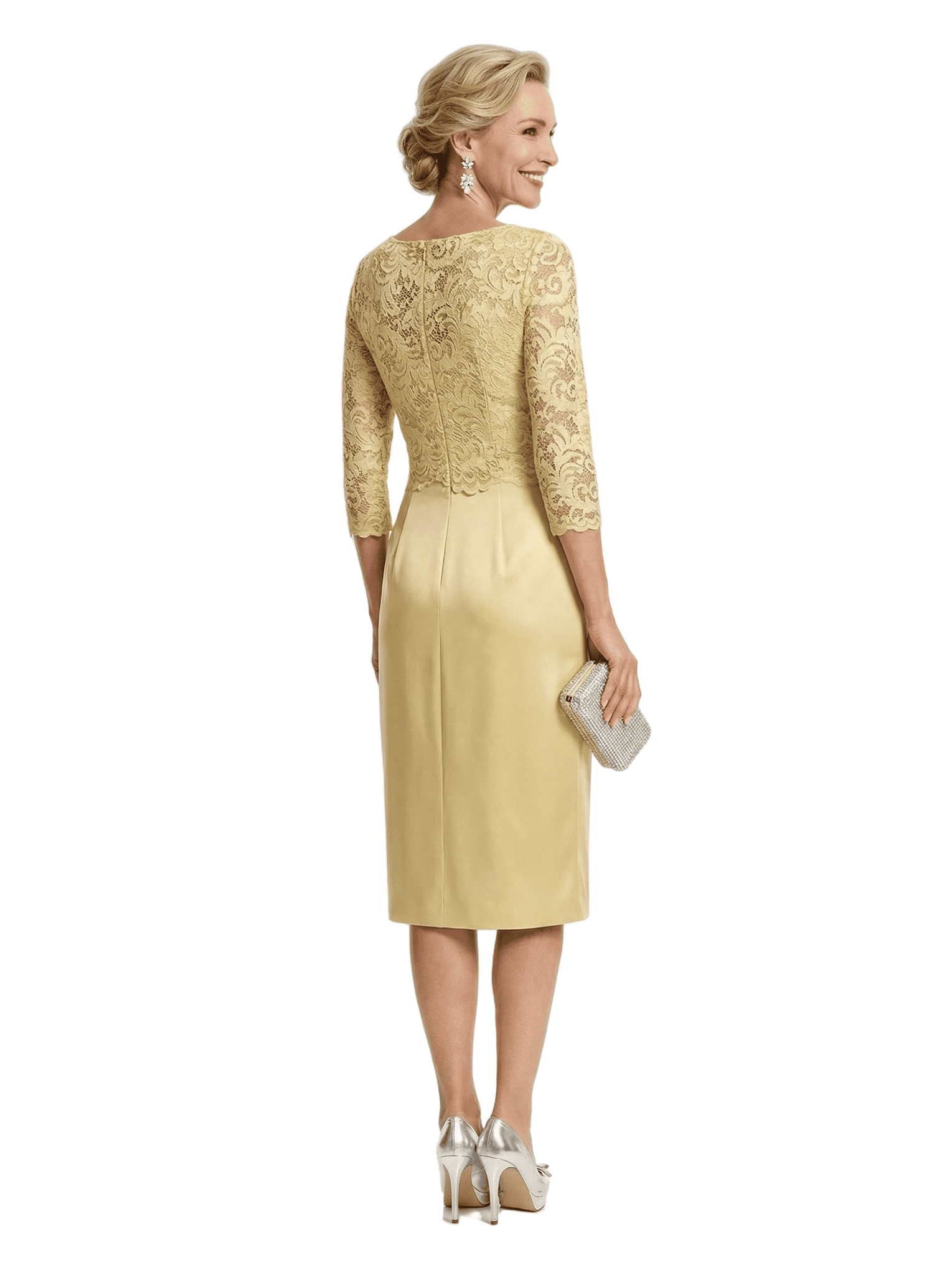 Chicsew Lace Top Long Sleeves Knee-Length Satin Sheath Mother Of The Groom Dresses For Wedding