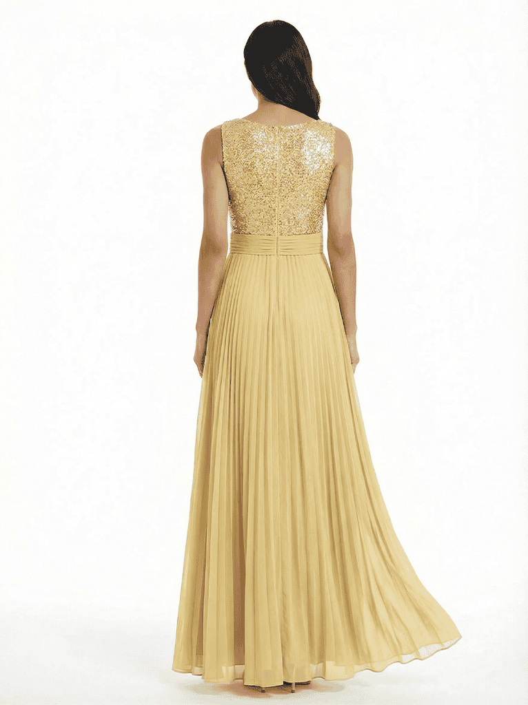 Chicsew Sparkly Sequin Top Sleeveless Ruched A-Line Chiffon Mother of The Bride Gown