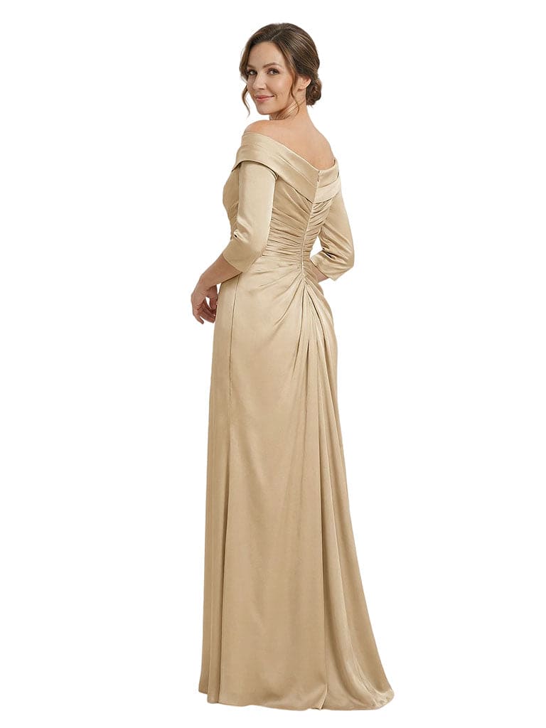 Elegant V-Neck Off Shoulder Ruched Satin Mermaid Mother Of The Bride Dresses With Sleeve