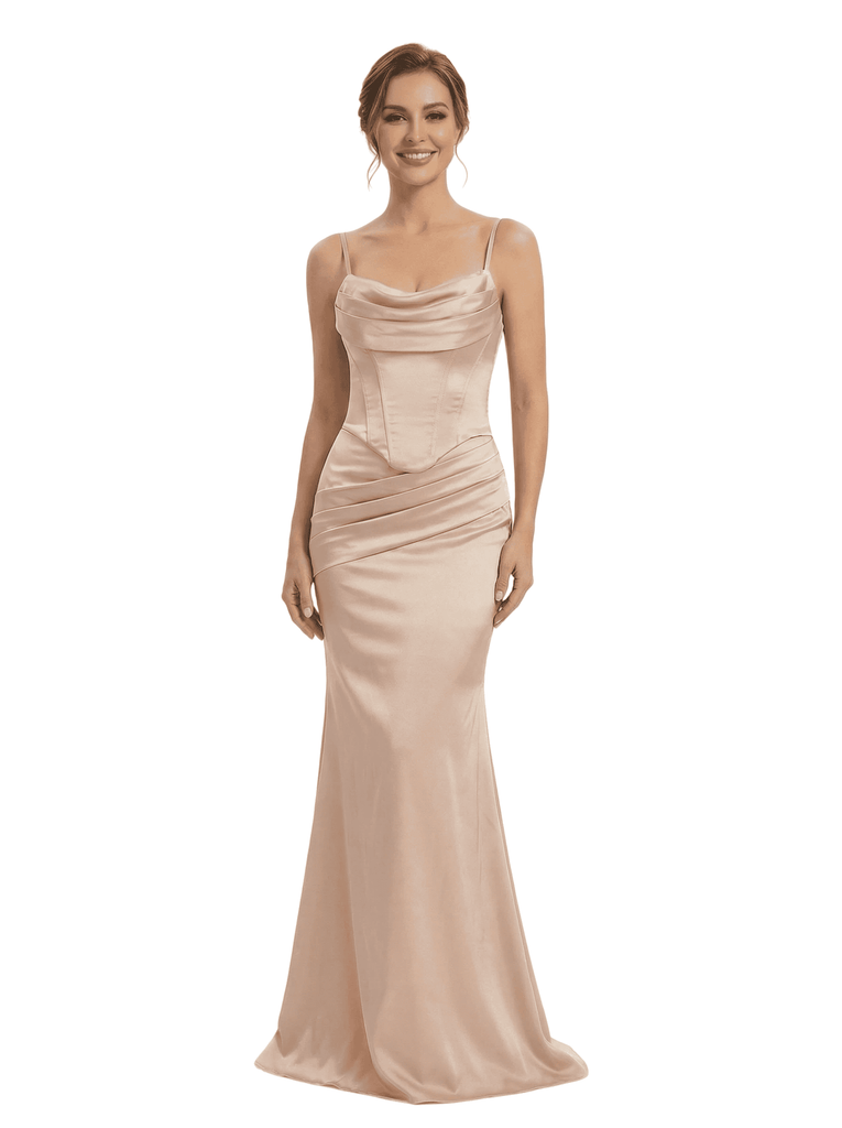 ChicSew Spaghetti Straps Corset Satin Ruched Mermaid Long Formal Bridesmaid Dresses