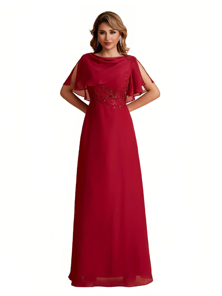 Elegant A-Line Chiffon Half Sleeves Cowl Neck Mother of the Brides Dresses Online UK