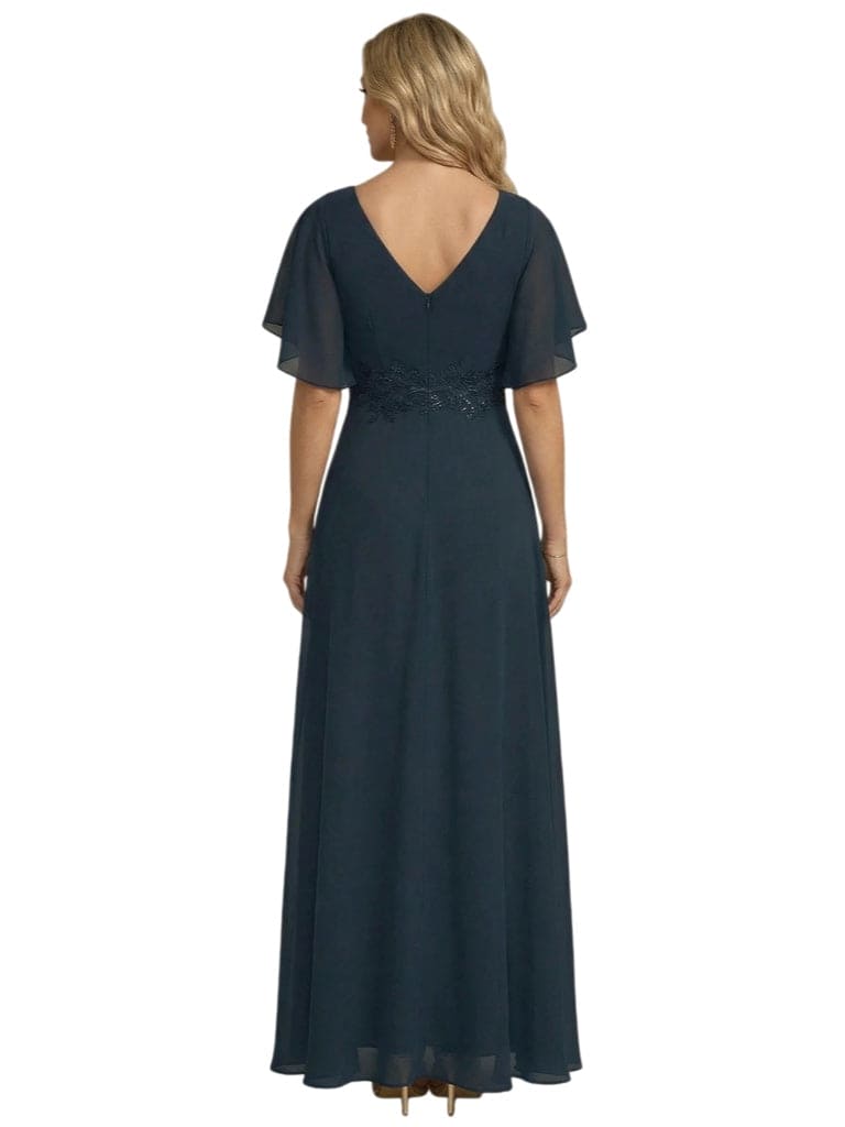 Elegant V-Neck Side Slit Flutter Sleeves Chiffon A-Line Mother of The Bride Dresses