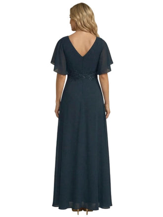 Elegant V-Neck Side Slit Flutter Sleeves Chiffon A-Line Mother of The Bride Dresses