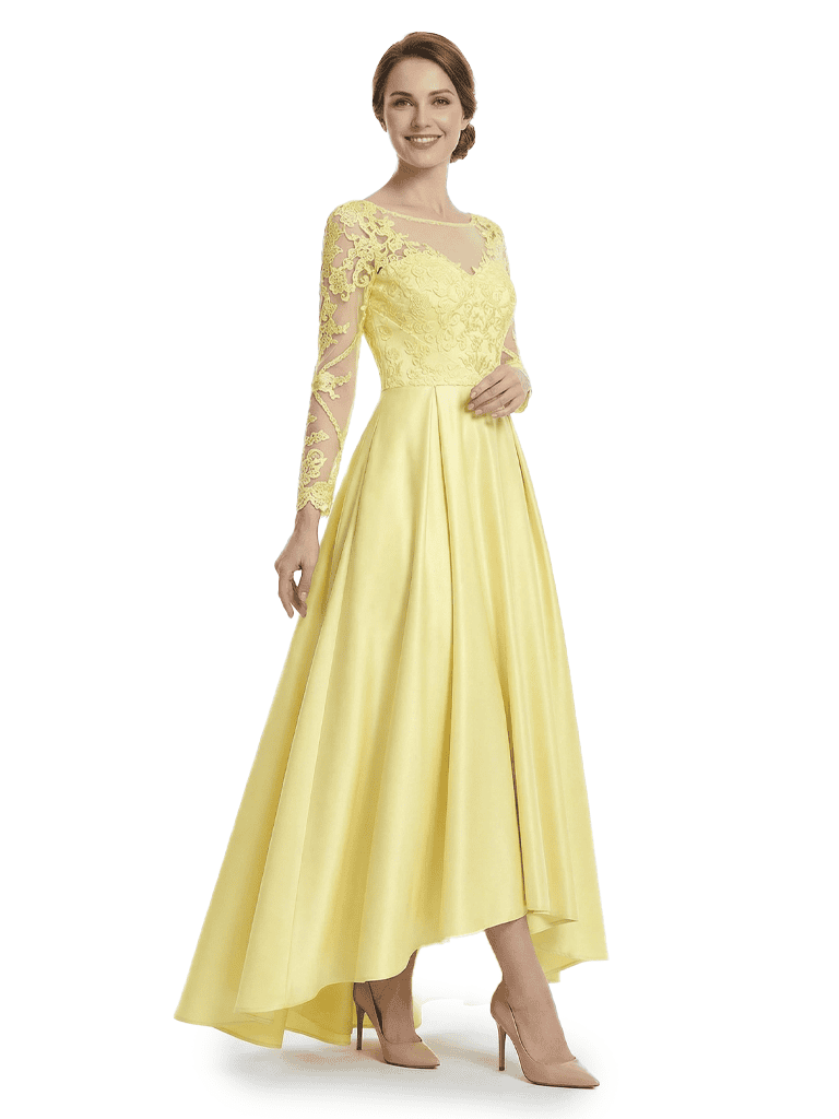 Chicsew Long Sleeves High-Low Satin A-Line Mother Of The Bride Gowns With Illusion Lace Top