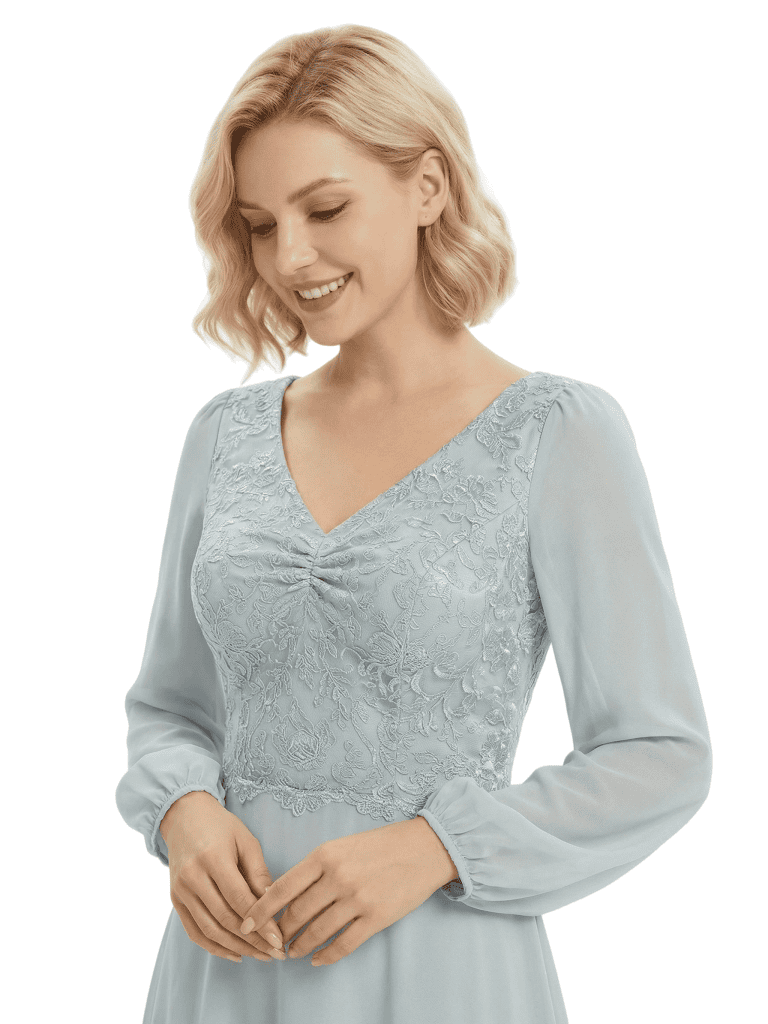 Chicsew Mother of The Bride Dresses Stylish V-Neck Long Sleeve Lace Chiffon Maxi Gown Pretty Flowy Formal Wedding Event Dress