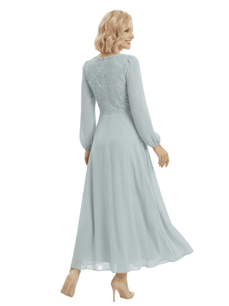 Chicsew Mother of The Bride Dresses Stylish V-Neck Long Sleeve Lace Chiffon Maxi Gown Pretty Flowy Formal Wedding Event Dress