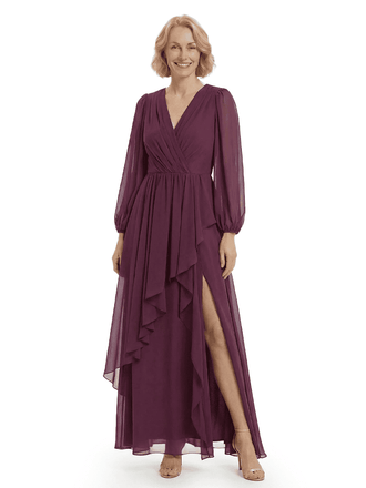 Chicsew Gorgeous V-neck Lantern Sleeves Side Slit Ruffles Chiffon Mother of The Bride Gown