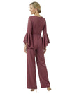 Beautiful V-Neck Long Sleeves Floral Detail Satin Mother Of The Bride Jumpsuit