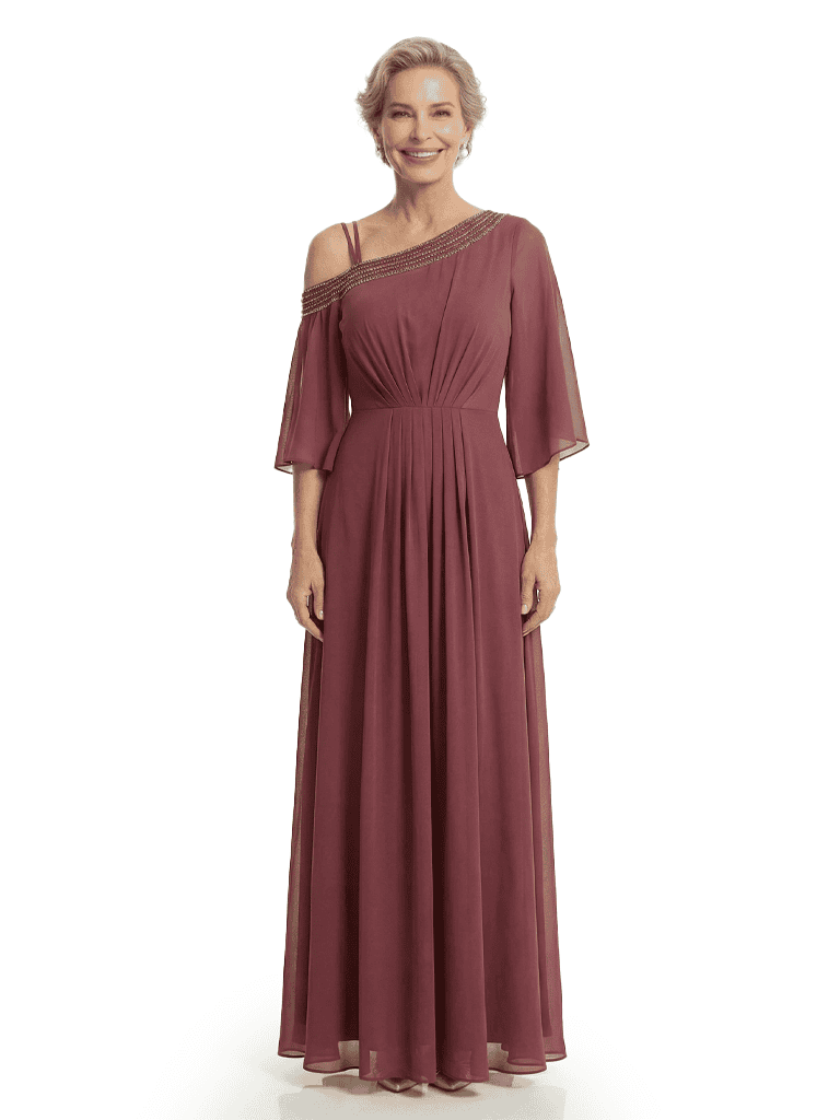 Chicsew Elegant Beaded One Shoulder Bell Sleeves Chiffon Mother of The Bride Gown