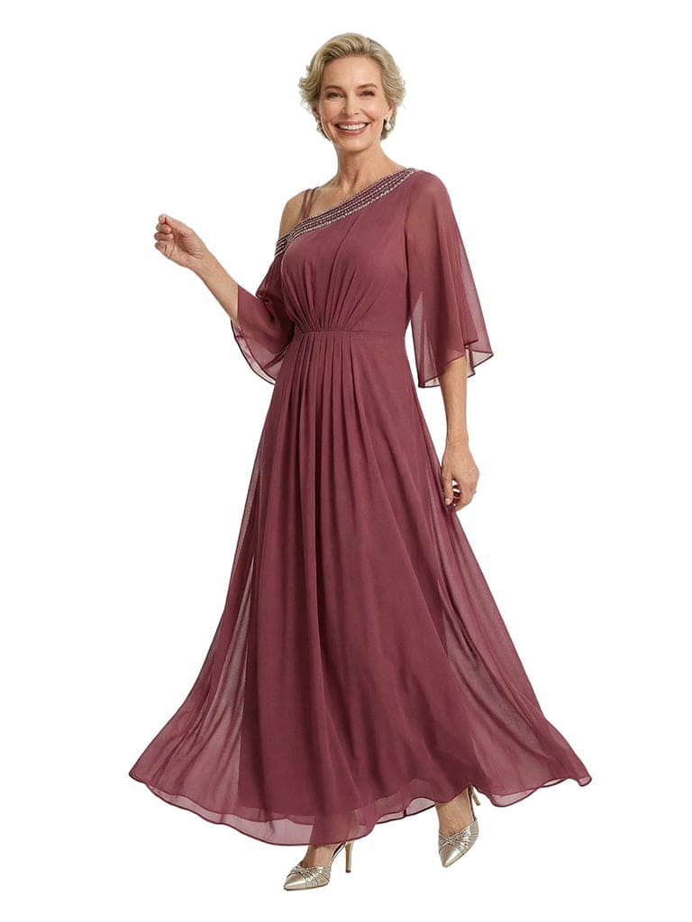 Chicsew Elegant Beaded One Shoulder Bell Sleeves Chiffon Mother of The Bride Gown