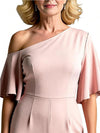 Chicsew Chic One Shoulder Bell Sleeves Satin Floor Length Mother of The Bride Jumpsuit