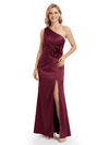 Chicsew Elegant One Shoulder Ruched Silky Satin Sheath Mother Of The Groom Gown With Side Slit