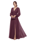 Chicsew Elegant V-Neck Chiffon Long Sleeves Ruched Side Slit Maxi Mother Of The Bride Dress