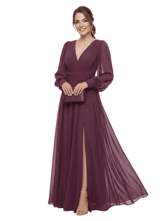 Chicsew Elegant V-Neck Chiffon Long Sleeves Ruched Side Slit Maxi Mother Of The Bride Dress