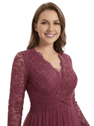 Chicsew Lace V-Neck Long Sleeves Mother Of The Bride Gown Floor-Length Tulle Party Dress