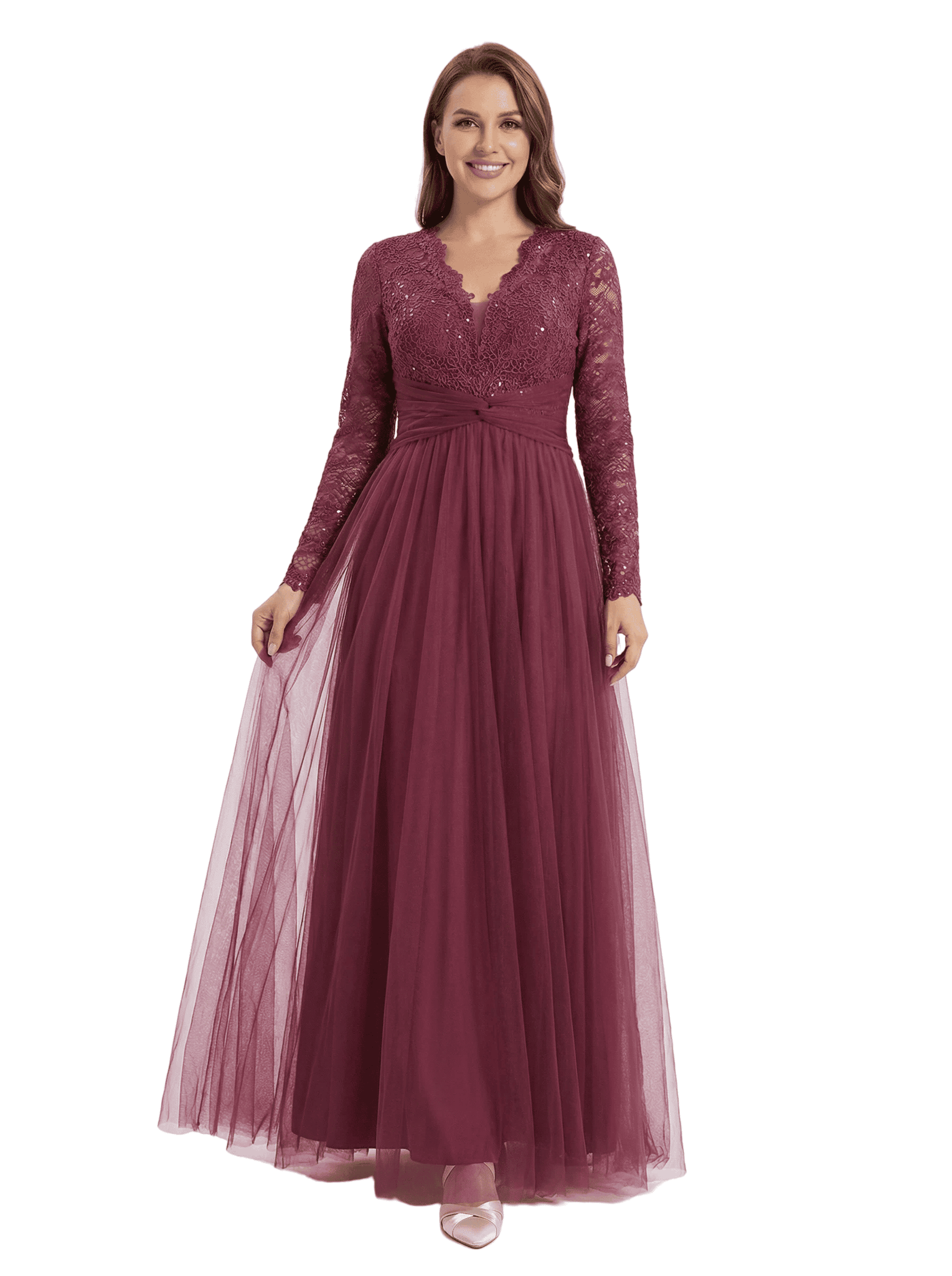 Chicsew Lace V-Neck Long Sleeves Mother Of The Bride Gown Floor-Length Tulle Party Dress