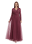 Chicsew Lace V-Neck Long Sleeves Mother Of The Bride Gown Floor-Length Tulle Party Dress