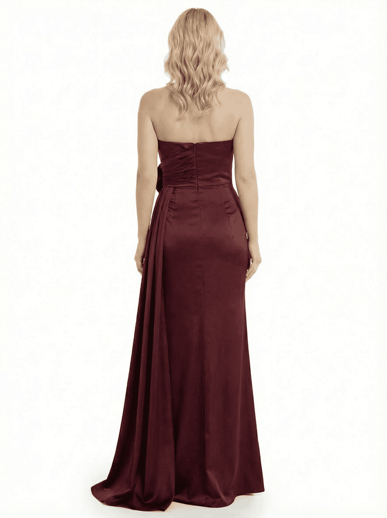 Chicsew Unique Strapless Side Slit Ruched Silky Satin Mother Of The Groom Dress