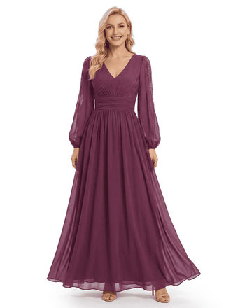 Chicsew Classy V-Neck Long Sleeves Mother Of The Bride Dress Ruched Chiffon A-Line Gown
