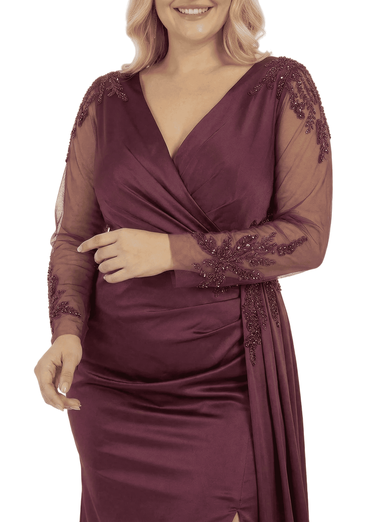 Chicsew Plus Size Lace V-Neck Long Sleeves Side Slit Mother Of The Bride Dress With Waist Drape