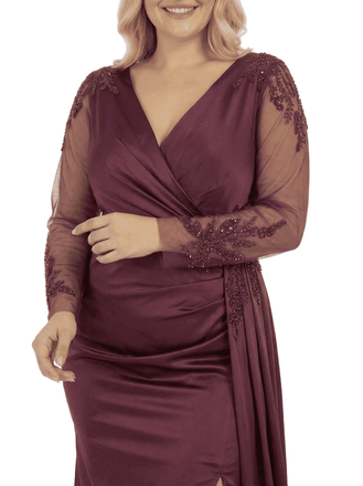 Chicsew Plus Size Lace V-Neck Long Sleeves Side Slit Mother Of The Bride Dress With Waist Drape