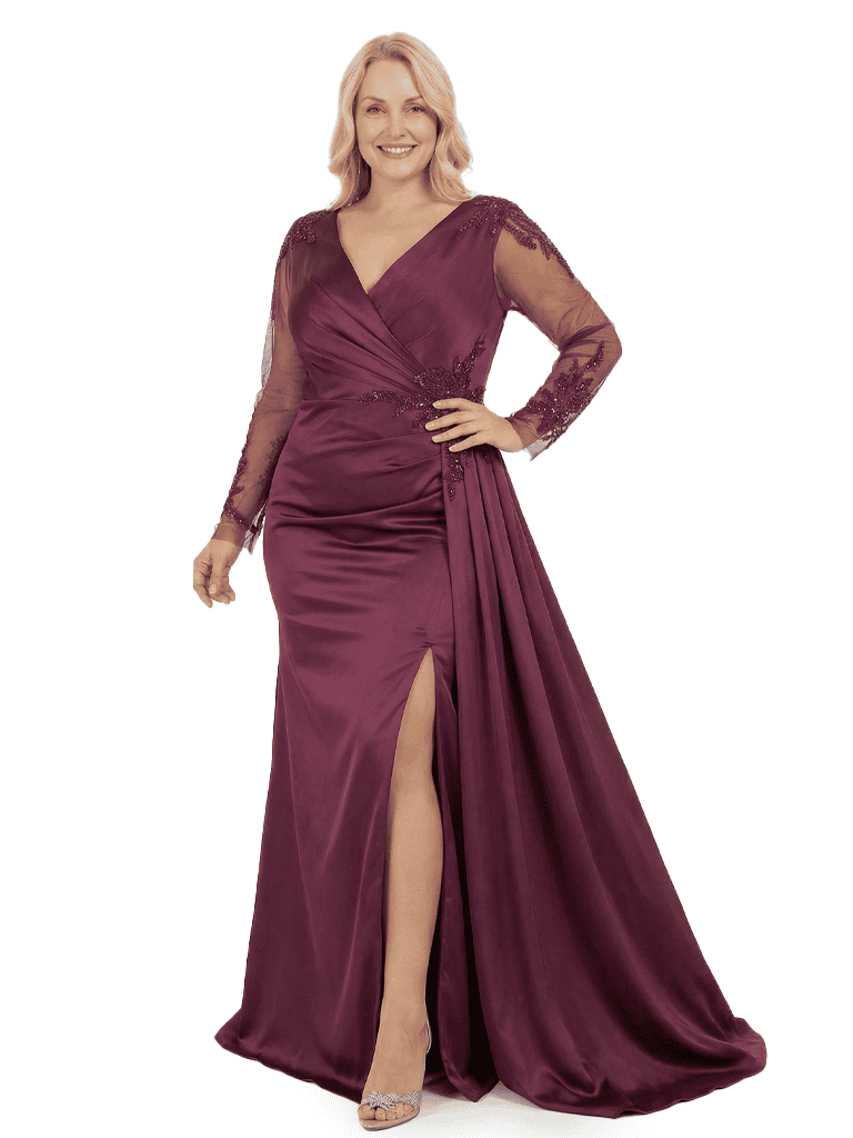 Chicsew Plus Size Lace V-Neck Long Sleeves Side Slit Mother Of The Bride Dress With Waist Drape