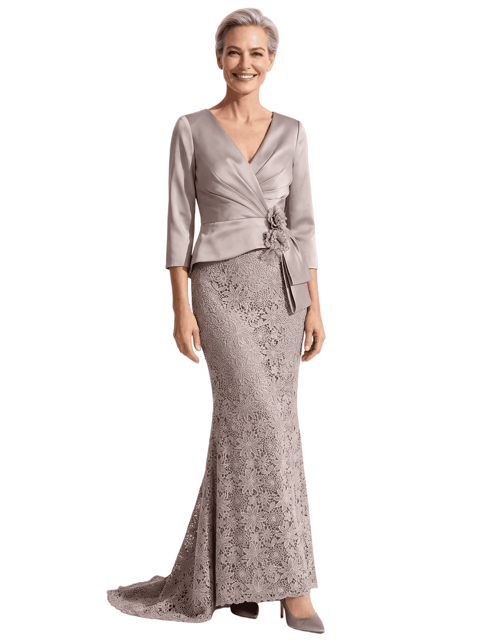 Unique V-Neck 3/4 Sleeve Mother of The Groom Dress Lace Mermaid Gown with Lace Formal Occasion Wear