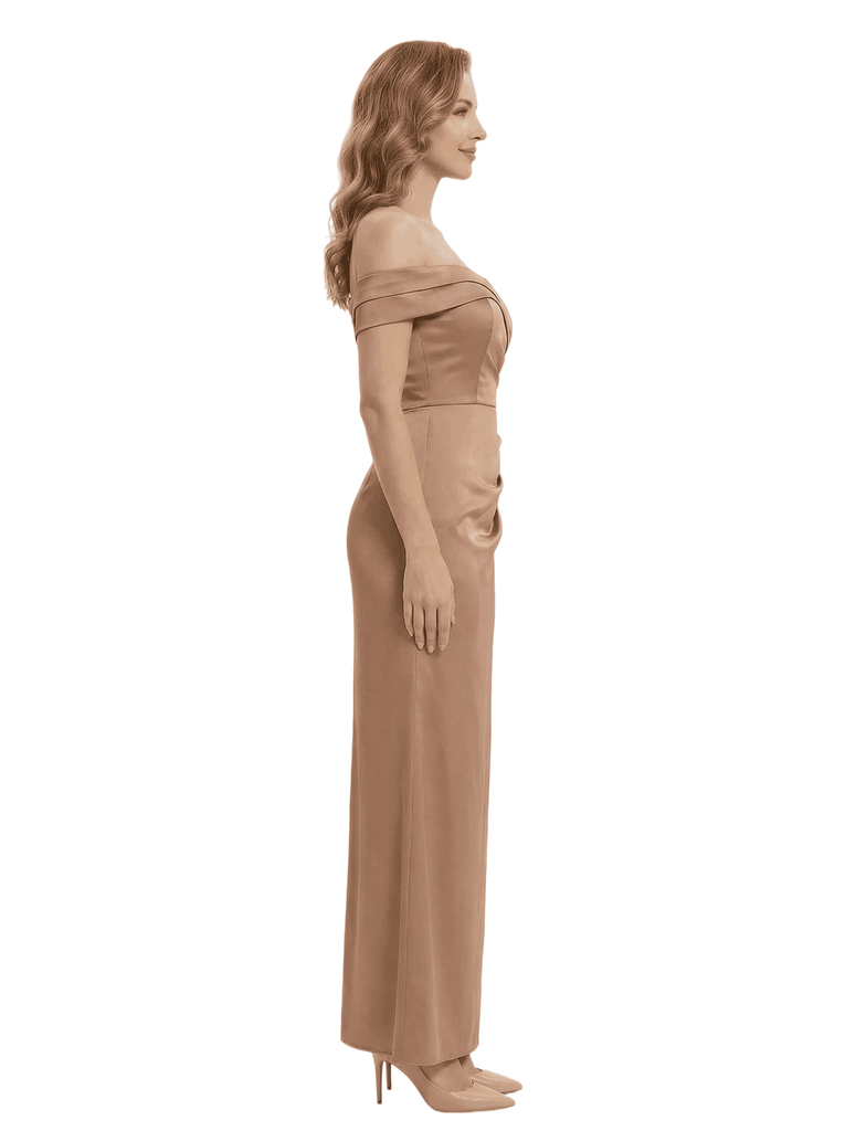 Pretty Off Shoulder Satin Mother of The Bride Dress Sheath Gown with Ruched Fabric Stylish Wedding Celebration Outfit