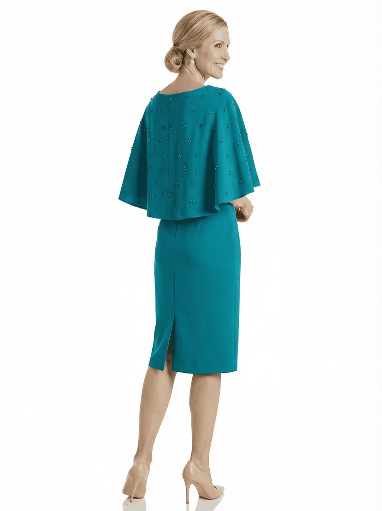 Chicsew Classy Scoop Beaded Cape Sleeves Knee-Length Sheath Mother Of Groom Gown