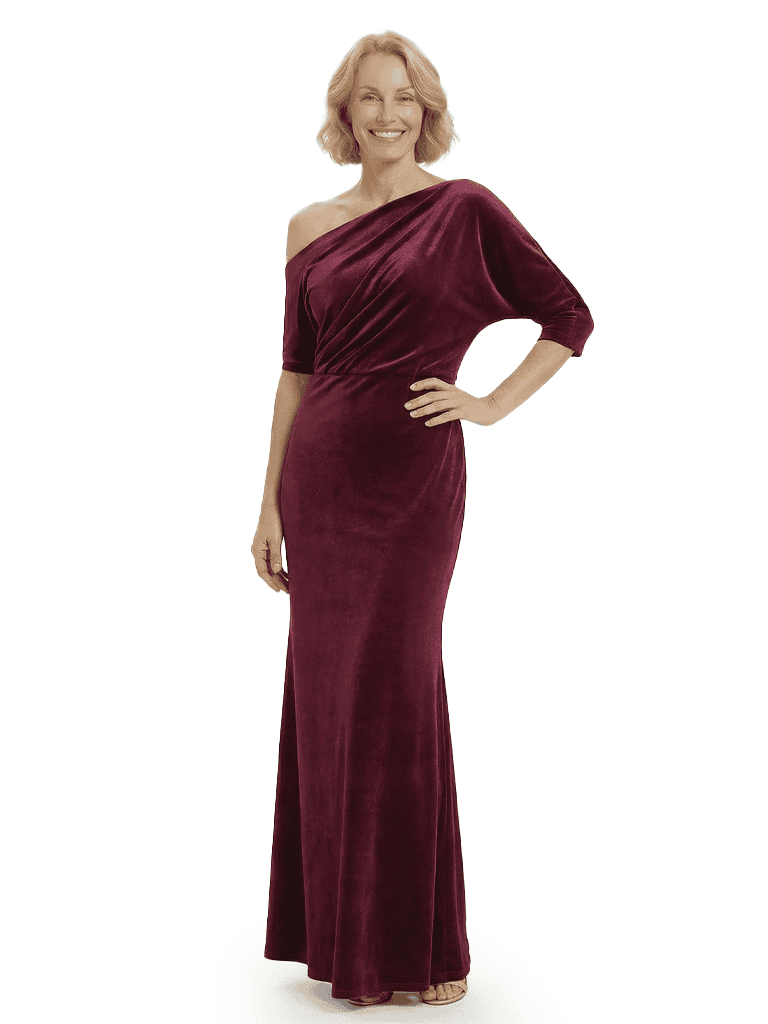 Chicsew Sophisticated Asymmetrical Neckline Velvet Half Sleeves Maxi Mother Of The Groom Dress