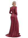 Chicsew Modern V-Neck Long Sleeves Side Slit Rhinestone Satin Mermaid Mother Of The Bride Dresses