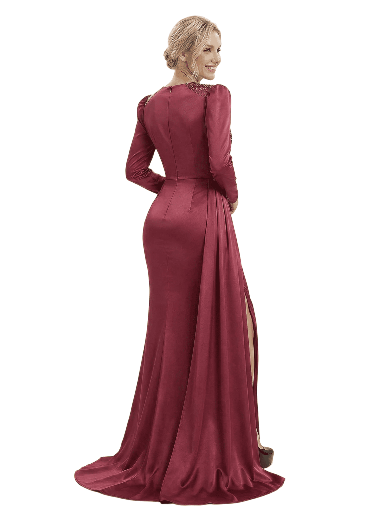 Chicsew Modern V-Neck Long Sleeves Side Slit Rhinestone Satin Mermaid Mother Of The Bride Dresses