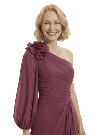 Chicsew Elegant One Shoulder Long Sleeves Chiffon Mother of The Bride Gown